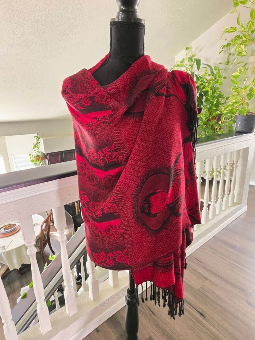 Buddha Pattern Red & Black Rayon Shawl Scarf Wrap With Fringe - 70" x 26"